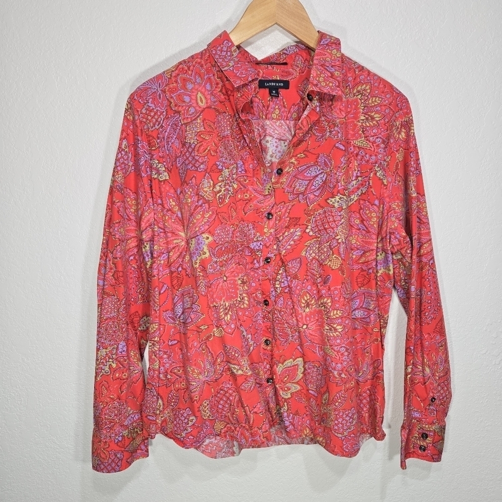 Land's End 18 No Iron Supima Colorful Floral Paisley Button Shirt